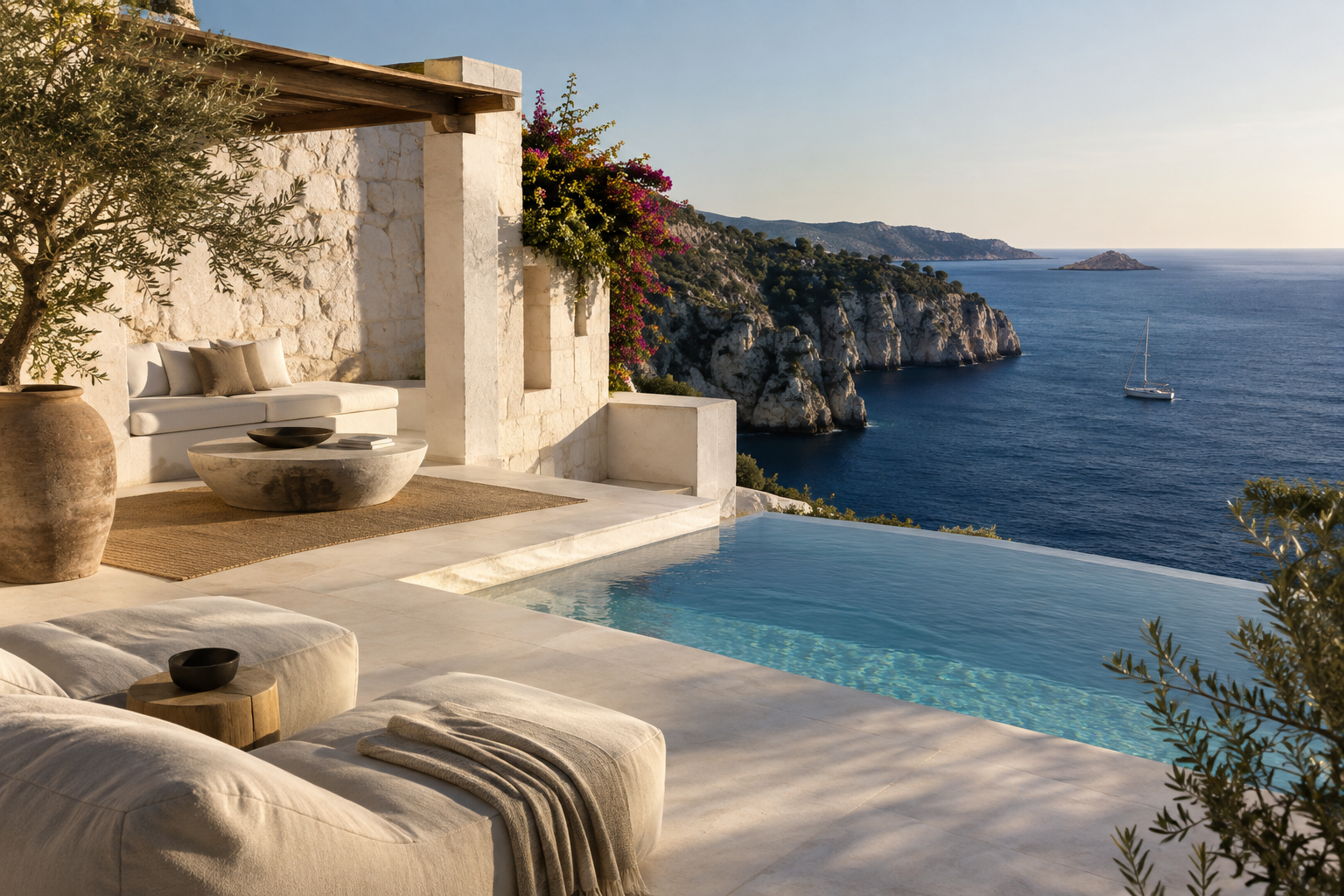 Mediterranean villa terrace overlooking the sea