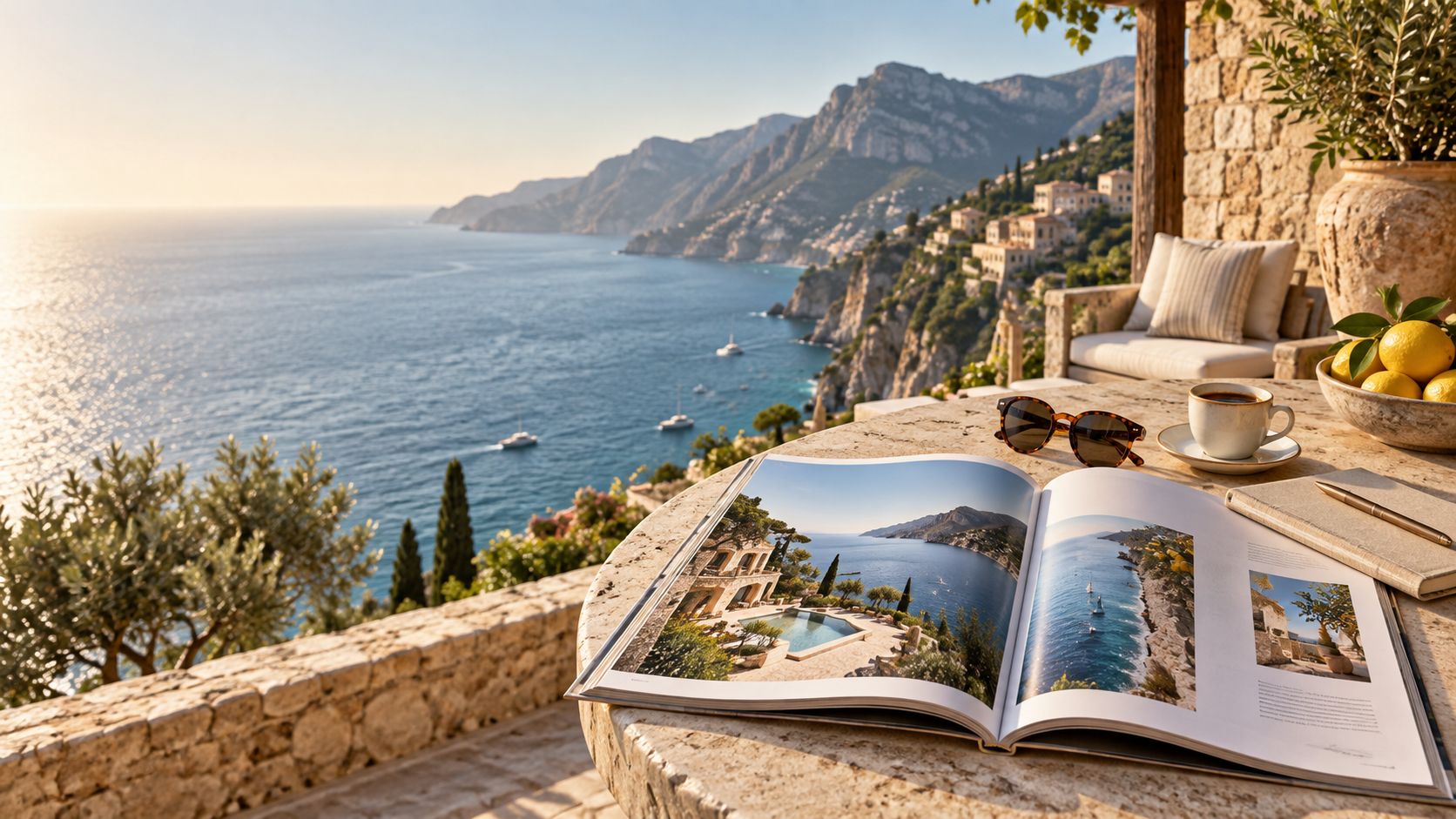 Open luxury travel magazine overlooking a Mediterranean cliffside villa and sea